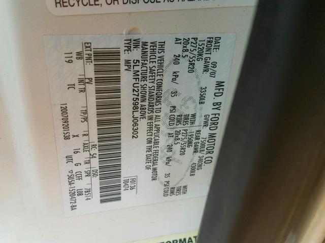 5LMFU27598LJ06302 - 2008 LINCOLN NAVIGATOR თეთრი ფოტო 10