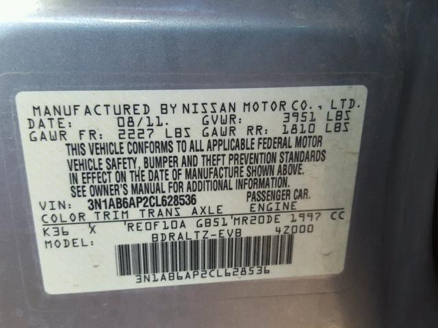 3N1AB6AP2CL628536 - 2012 NISSAN SENTRA 2.0 SILVER photo 10