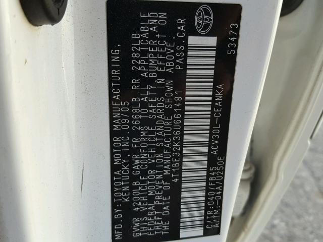 4T1BE32K36U661481 - 2006 TOYOTA CAMRY LE WHITE photo 10