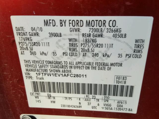 1FTFW1EV1AFC28011 - 2010 FORD F150 SUPER RED photo 10