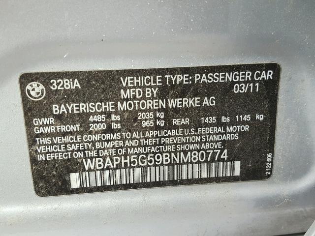 WBAPH5G59BNM80774 - 2011 BMW 328 I SULE SILVER photo 10