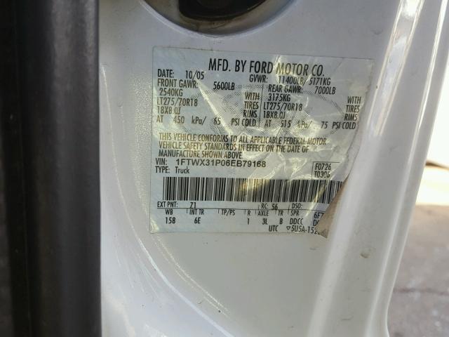 1FTWX31P06EB79168 - 2006 FORD F350 SRW S WHITE photo 10