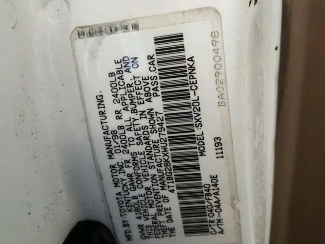 4T1BG28KXWU279427 - 1998 TOYOTA CAMRY CE WHITE photo 10