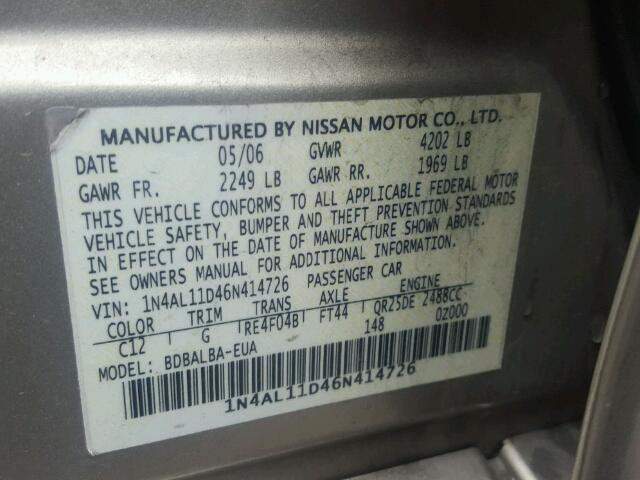 1N4AL11D46N414726 - 2006 NISSAN ALTIMA S GOLD photo 10