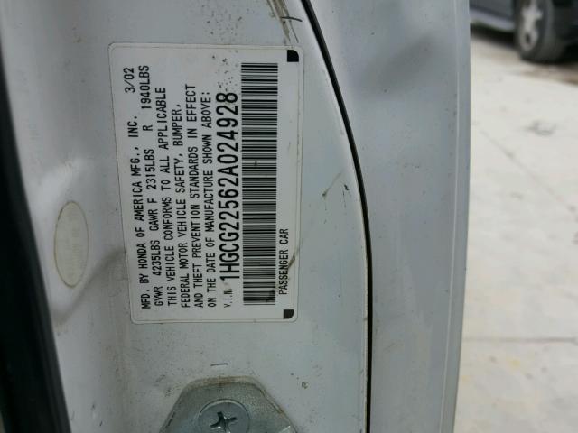 1HGCG22562A024928 - 2002 HONDA ACCORD EX WHITE photo 10