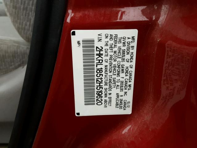 2HKRL18512H519620 - 2002 HONDA ODYSSEY LX RED photo 10