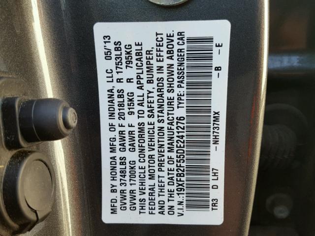 19XFB2F55DE241276 - 2013 HONDA CIVIC LX GRAY photo 10