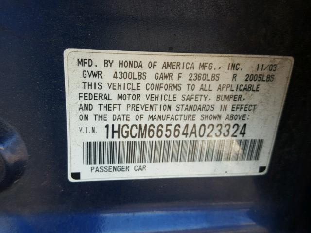 1HGCM66564A023324 - 2004 HONDA ACCORD EX BLUE photo 10