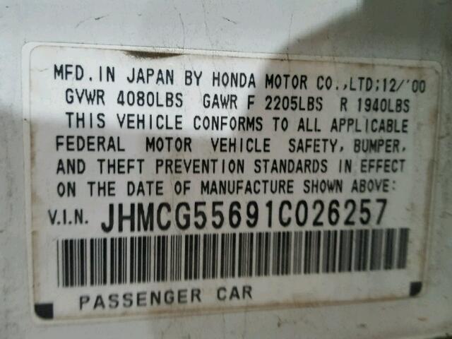 JHMCG55691C026257 - 2001 HONDA ACCORD EX WHITE photo 10