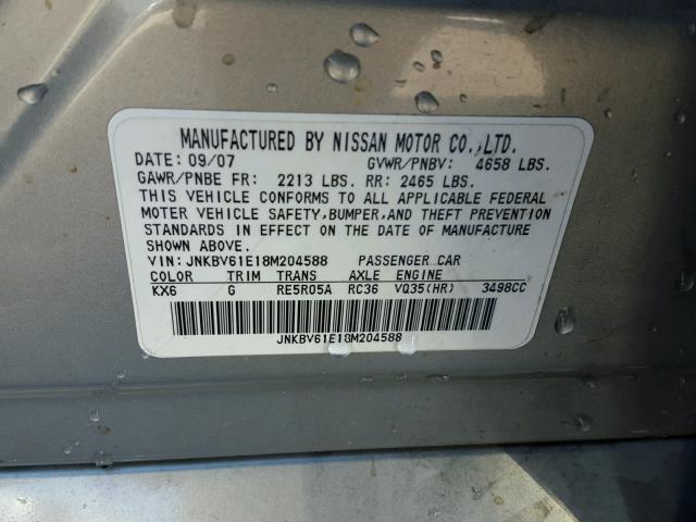 JNKBV61E18M204588 - 2008 INFINITI G35 SILVER photo 10