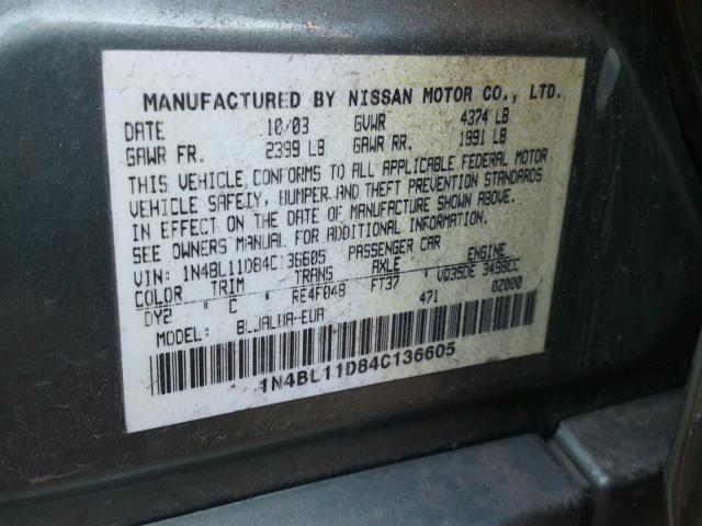 1N4BL11D84C136605 - 2004 NISSAN ALTIMA SE GREEN photo 10