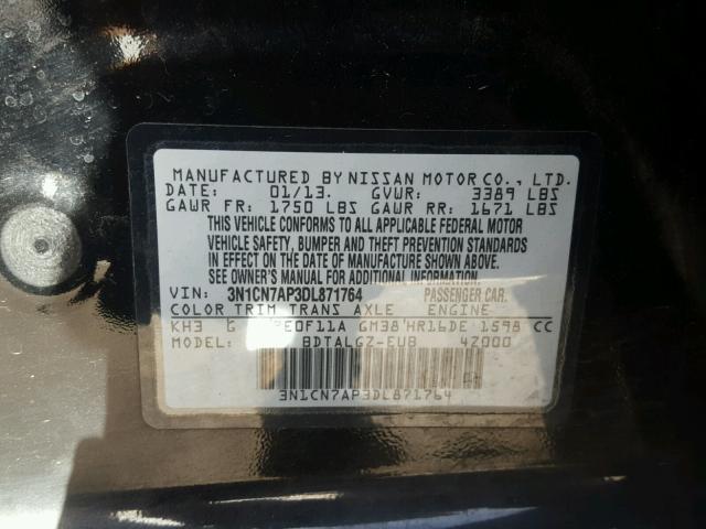 3N1CN7AP3DL871764 - 2013 NISSAN VERSA S BLACK photo 10