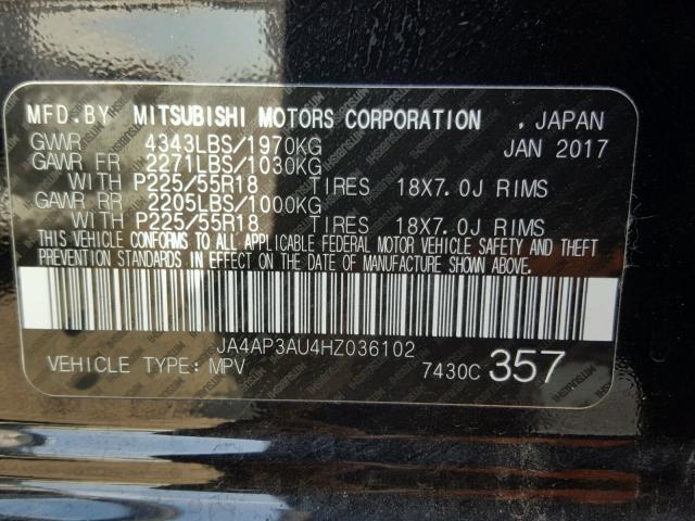 JA4AP3AU4HZ036102 - 2017 MITSUBISHI OUTLANDER BLACK photo 10