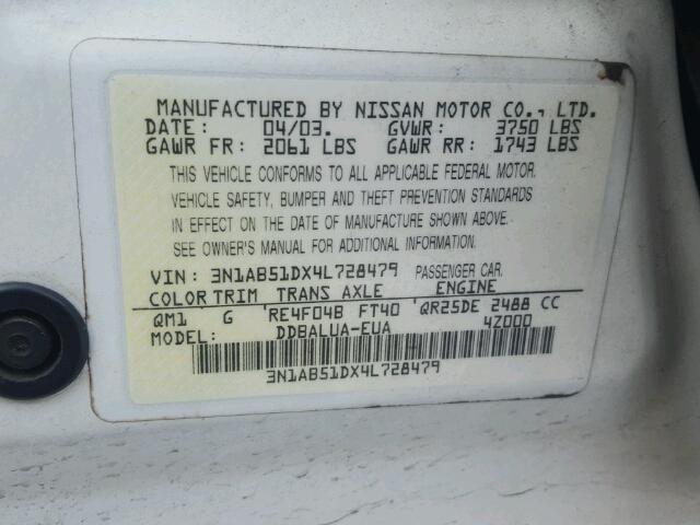 3N1AB51DX4L728479 - 2004 NISSAN SENTRA SE- WHITE photo 10