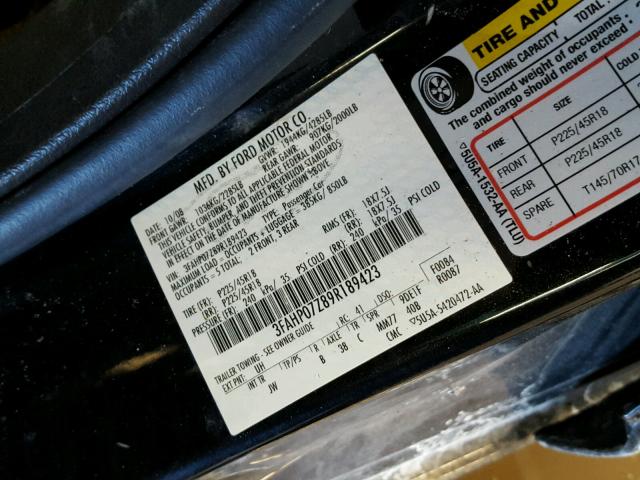 3FAHP07Z89R189423 - 2009 FORD FUSION SE BLACK photo 10