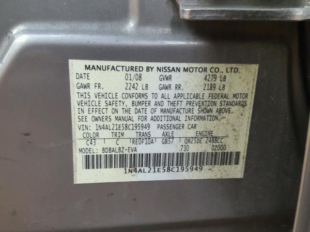 1N4AL21E58C195949 - 2008 NISSAN ALTIMA 2.5 TAN photo 10