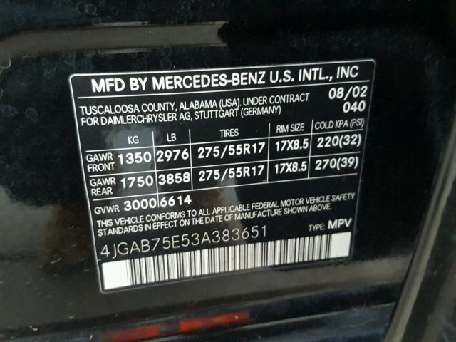 4JGAB75E53A383651 - 2003 MERCEDES-BENZ ML 500 BLACK photo 10