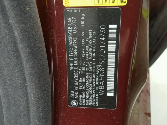 WBAHN83557DT74730 - 2007 BMW 750 MAROON photo 10