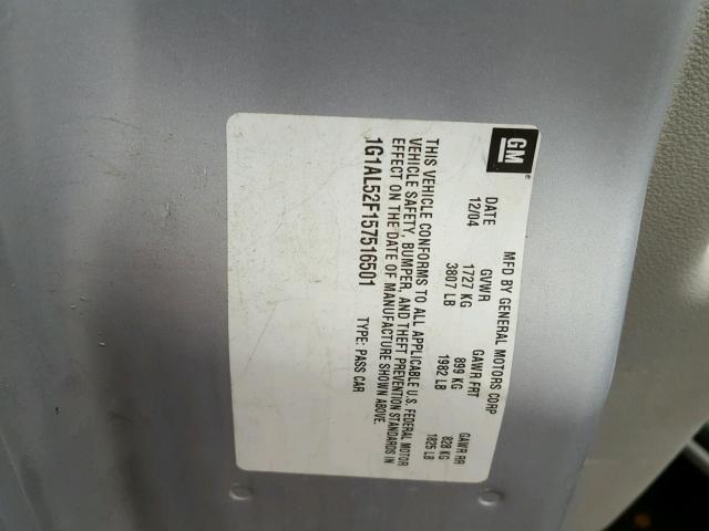 1G1AL52F157516501 - 2005 CHEVROLET COBALT LS SILVER photo 10