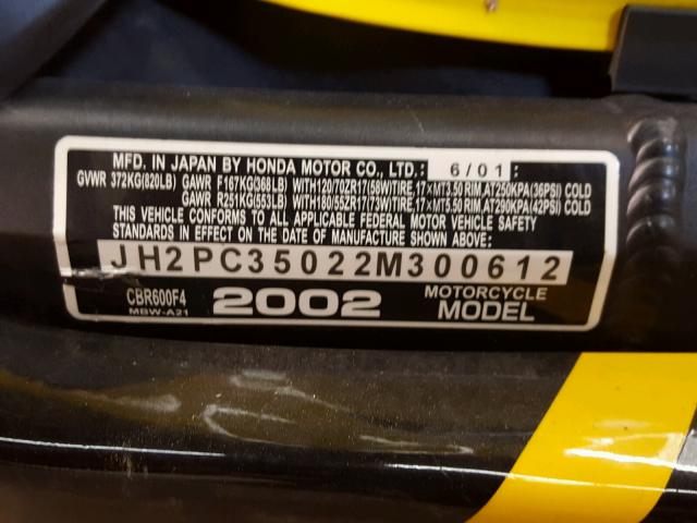 JH2PC35022M300612 - 2002 HONDA CBR600 F4 YELLOW photo 10