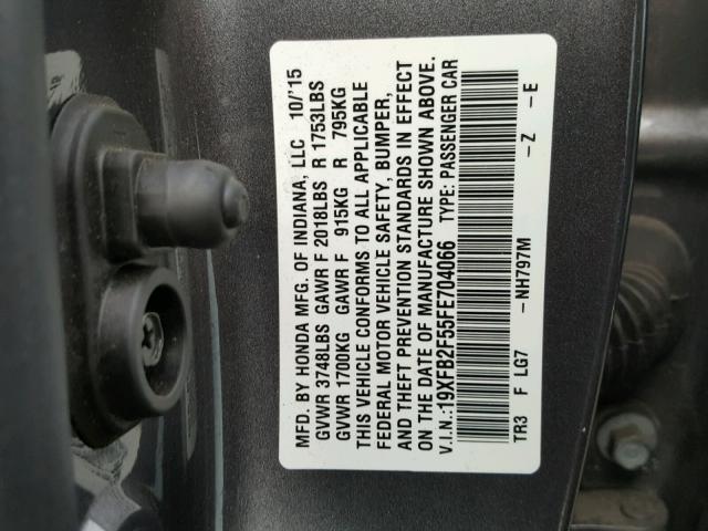 19XFB2F55FE704066 - 2015 HONDA CIVIC LX GRAY photo 10