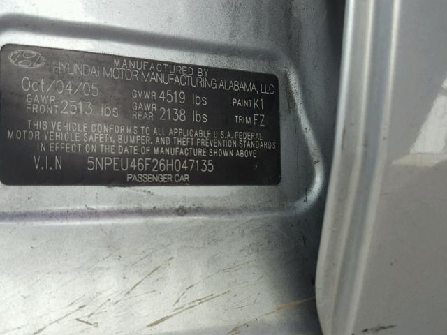 5NPEU46F26H047135 - 2006 HYUNDAI SONATA GLS GRAY photo 10