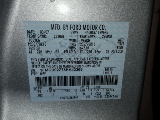 1FMCU02Z78KA43369 - 2008 FORD ESCAPE XLS SILVER photo 10