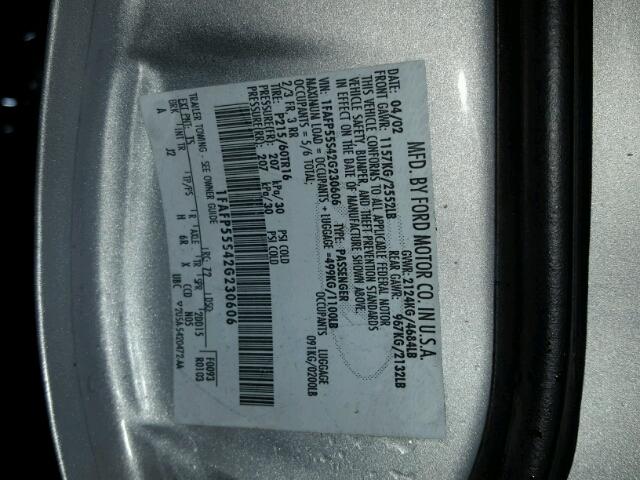 1FAFP55S42G230606 - 2002 FORD TAURUS SES SILVER photo 10