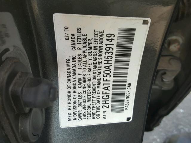 2HGFA1F50AH539149 - 2010 HONDA CIVIC LX GRAY photo 10