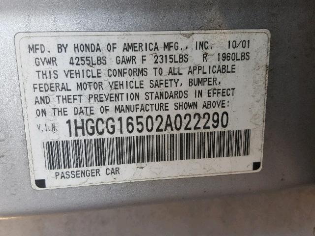 1HGCG16502A022290 - 2002 HONDA ACCORD EX SILVER photo 10