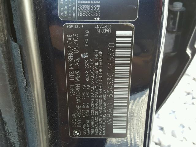 WBADT63433CK45370 - 2003 BMW 530 I AUTO BLUE photo 10