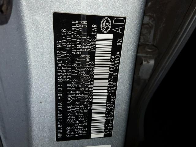 2T1KR32E86C598569 - 2006 TOYOTA COROLLA MA SILVER photo 10