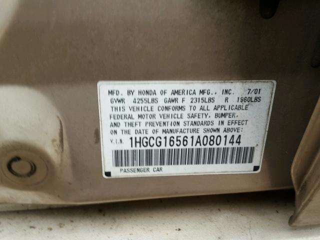 1HGCG16561A080144 - 2001 HONDA ACCORD EX CREAM photo 10