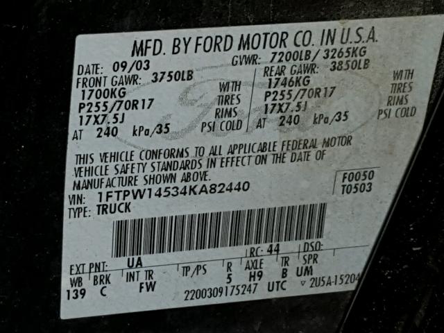 1FTPW14534KA82440 - 2004 FORD F150 SUPER BLACK photo 10