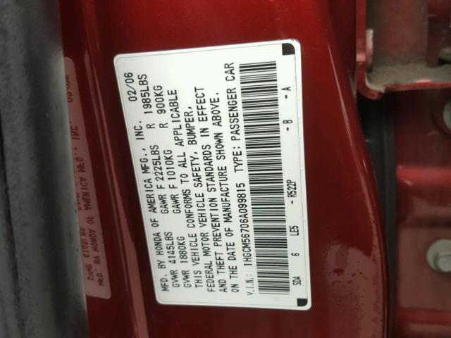 1HGCM56706A099815 - 2006 HONDA ACCORD EX BURGUNDY photo 10