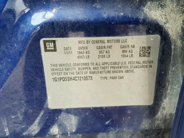 1G1PD5SH4C7213573 - 2012 CHEVROLET CRUZE LS BLUE photo 10