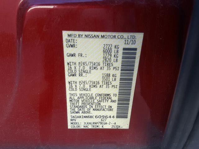 5N1AR1NN6BC609644 - 2011 NISSAN PATHFINDER RED photo 10