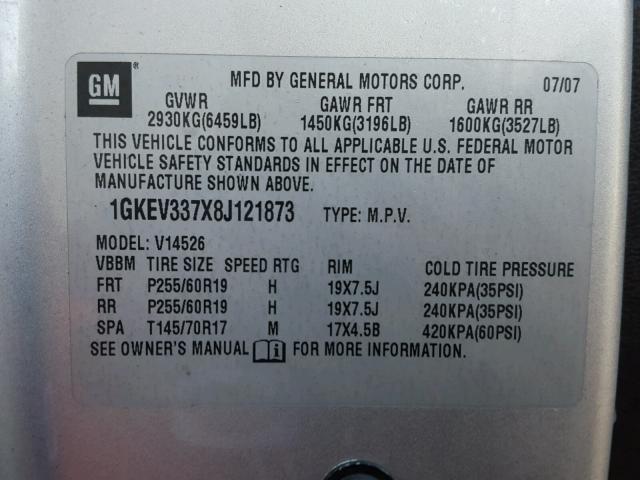 1GKEV337X8J121873 - 2008 GMC ACADIA SLT Gümüş foto 10
