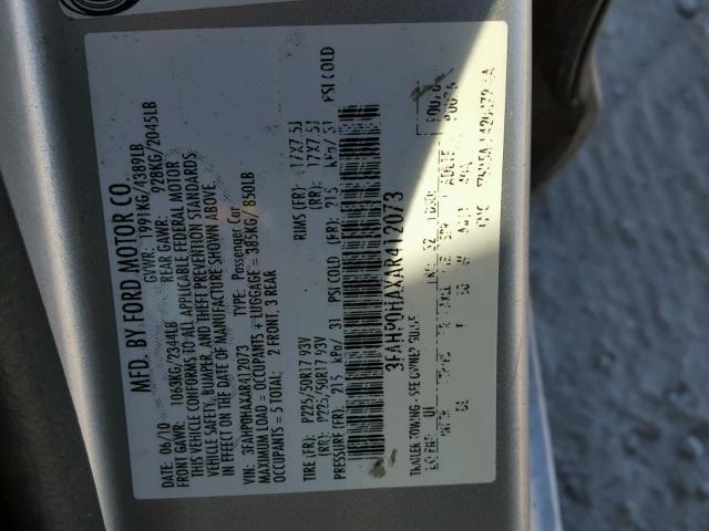 3FAHP0HAXAR412073 - 2010 FORD FUSION SE SILVER photo 10