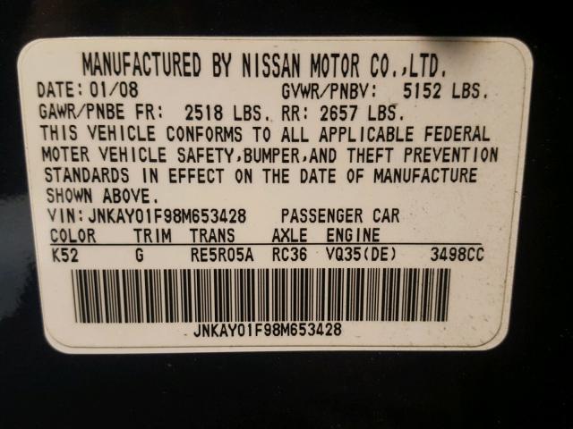 JNKAY01F98M653428 - 2008 INFINITI M35 BASE GRAY photo 10