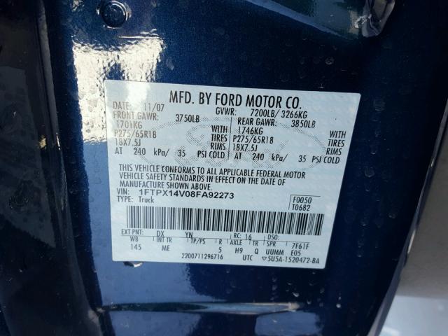 1FTPX14V08FA92273 - 2008 FORD F150 BLUE photo 10