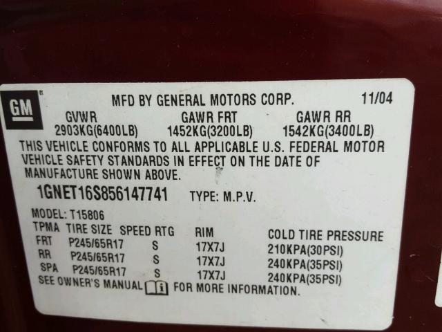 1GNET16S856147741 - 2005 CHEVROLET TRAILBLAZE BURGUNDY photo 10