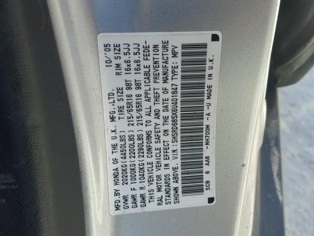 SHSRD685X6U401847 - 2006 HONDA CR-V LX SILVER photo 10