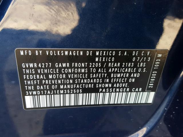 3VWD17AJ1EM352505 - 2014 VOLKSWAGEN JETTA SE BLUE photo 10