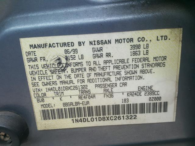 1N4DL01D8XC261322 - 1999 NISSAN ALTIMA XE BLUE photo 10