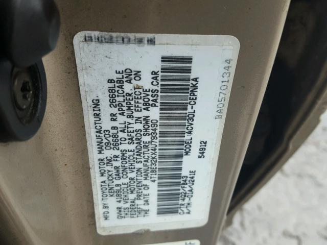 4T1BE32KX4U793490 - 2004 TOYOTA CAMRY LE GOLD photo 10