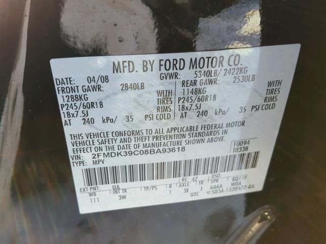 2FMDK39C08BA93618 - 2008 FORD EDGE LIMIT BLACK photo 10