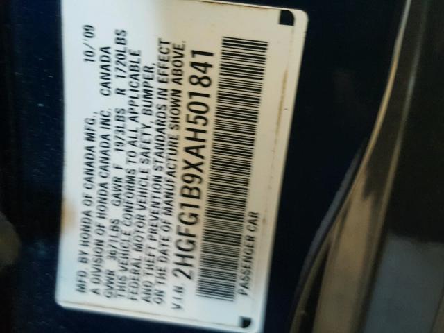 2HGFG1B9XAH501841 - 2010 HONDA CIVIC EXL 蓝色 照片 10