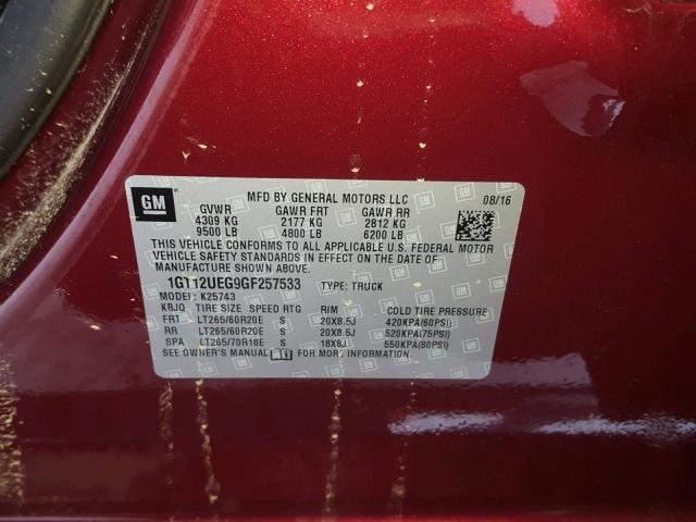 1GT12UEG9GF257533 - 2016 GMC SIERRA K25 MAROON photo 10