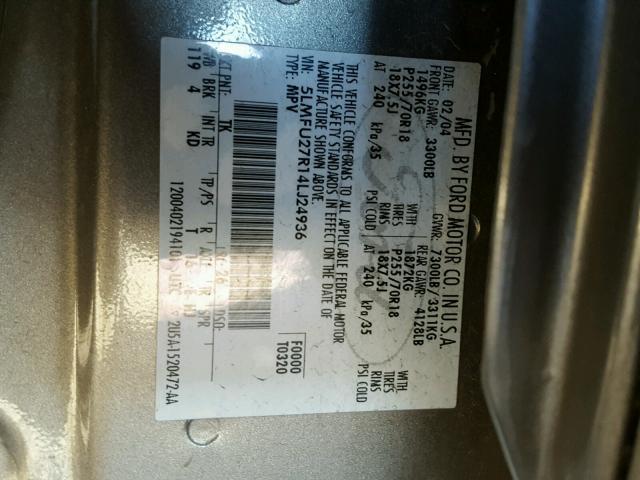 5LMFU27R14LJ24936 - 2004 LINCOLN NAVIGATOR ნაცრისფერი ფოტო 10